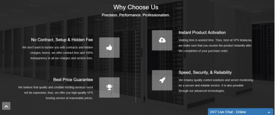 Why choose VPS Malaysia: no contracts or hidden fees, instant product activation, best price guarantee, and speed, security and reliability