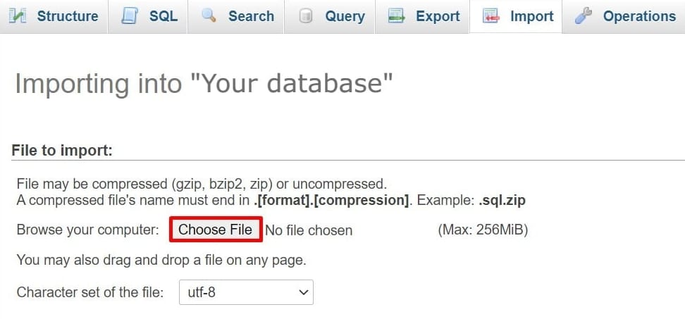 Import database via phpMyAdmin