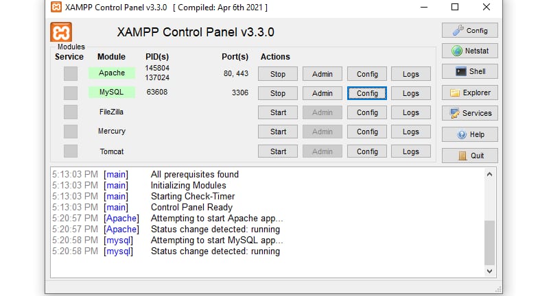 Control Panel log showing the status of Apache & MySQL