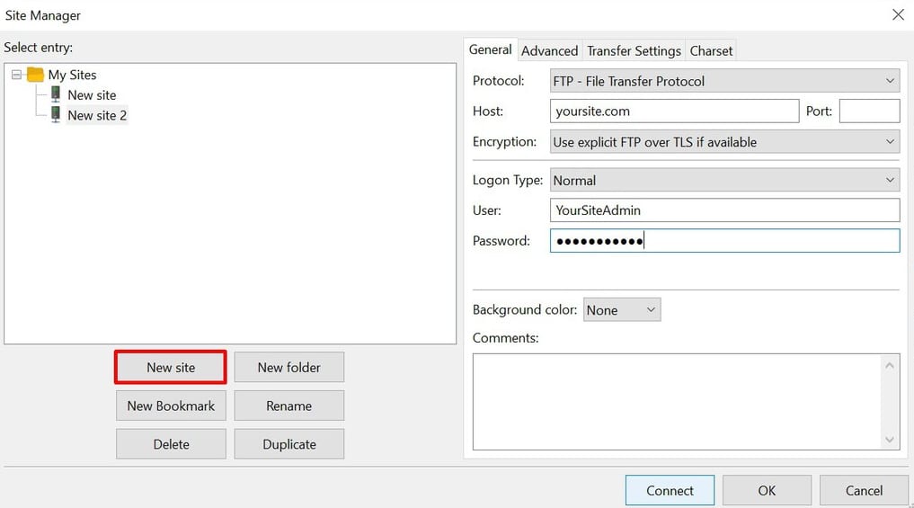 Connect new site to FileZilla