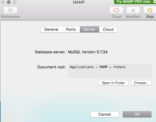 The Server tab under MAMP preferences.