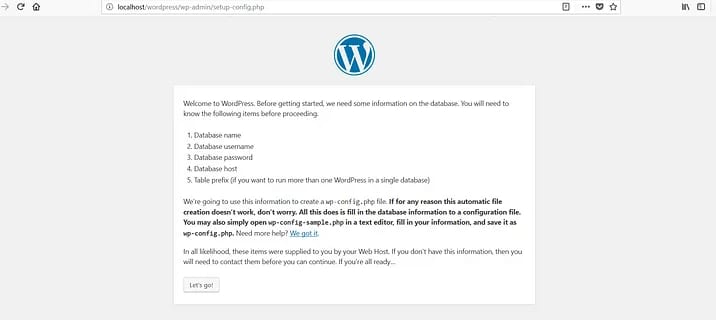 Set-up screen for Wordpress