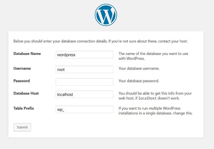 Set-up connection details screen — Wordpress