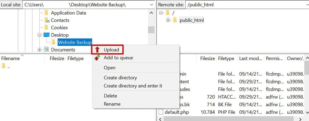Upload Website Backup files via FileZilla