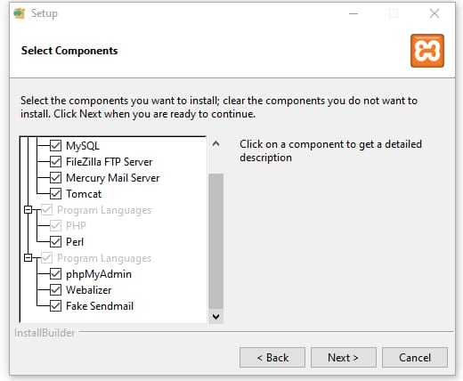 Xamp installer options to select MySQL, Apache, & PHP