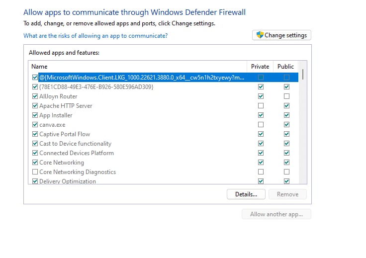 Allow an app or feature through Windows Defender Firewall