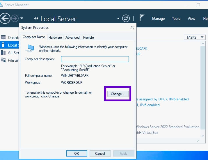 Rename computer option in server manager