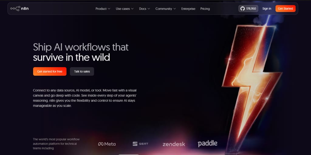 n8n homepage with the tagline 'Ship AI workflows that survive in the wild'