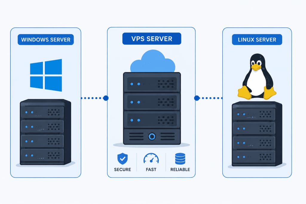 A side-by-side comparison graphic showing a Windows logo server icon on one side and a Linux penguin server icon on the other, connected by a central VPS server icon, flat vector style, blue and grey tones