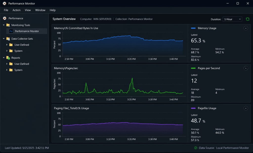 A dashboard screenshot-style illustration showing performance monitor graphs for memory usage, pages per second, and pagefile usage percentage, in a dark-mode Windows admin tool aesthetic