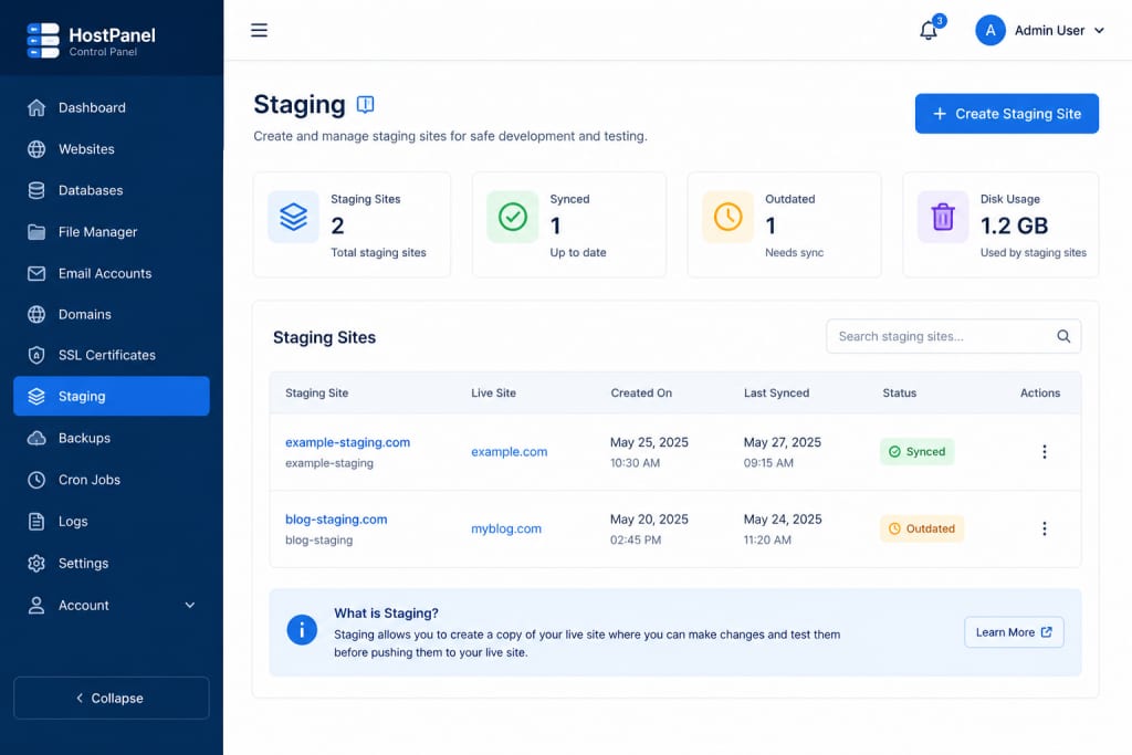 A mockup of a hosting control panel interface showing a sidebar menu with a highlighted "Staging" tab, and a main panel displaying a "Create Staging Site" button, clean modern dashboard UI design in blue and white