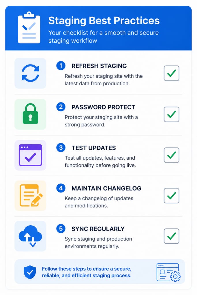 A checklist-style infographic with icons representing "refresh staging," "password lock," "test updates," "changelog notes," and "sync regularly," arranged vertically in a clean to-do list design