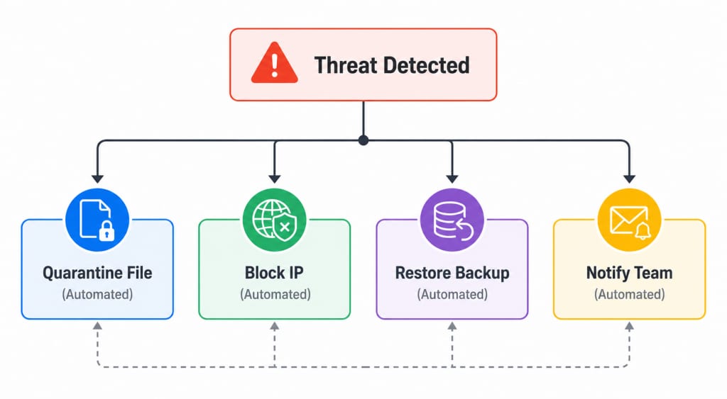 A flowchart showing "Threat Detected" leading to four branching automated actions: "Quarantine File," "Block IP," "Restore Backup," "Notify Team," each with a small icon, in a clean horizontal infographic layout