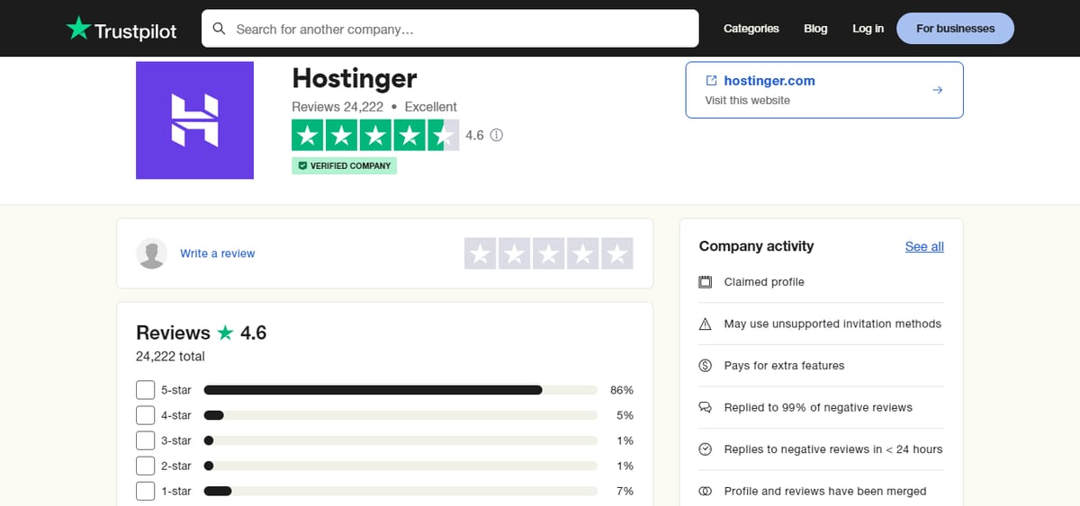 Hostinger Trustpilot Reviews